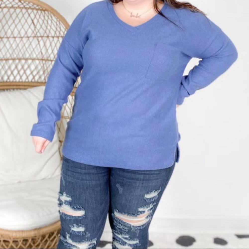 Honeyme - Long Sleeve V neck Ribbed Top - XL - Denim Blue